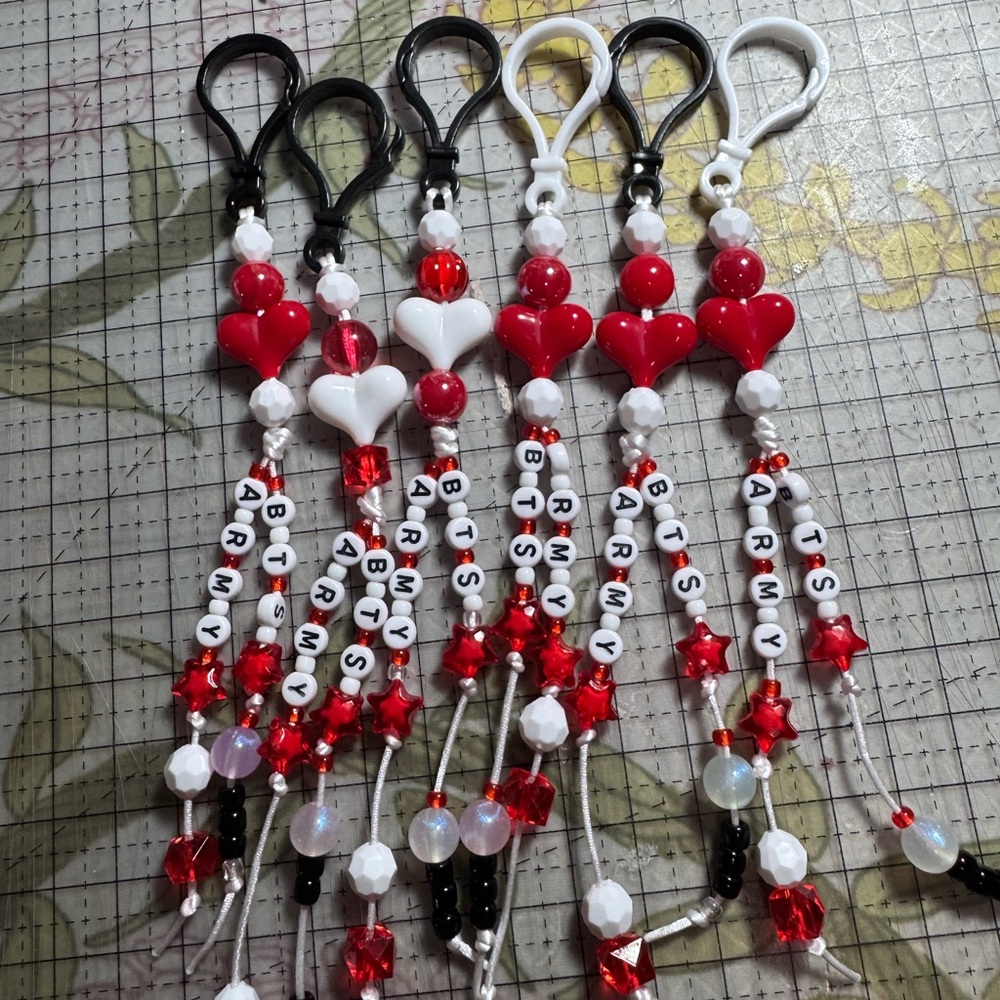 Handmade Red and White Beaded Keychain with 'ARMY BTS' Letters